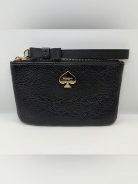 Kate Spade Black Leather Wristlet Bow Strap Gold Spade Logo  GUC